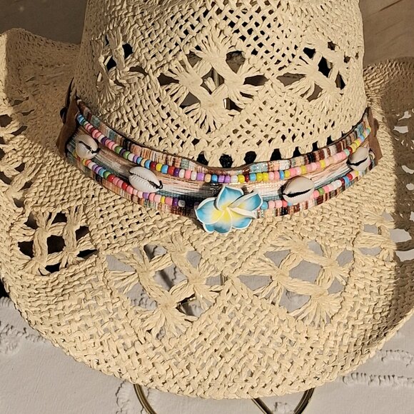 Boho CreamTribal Band Tycoon Crown Crochet Hollow Straw Cowboy Hat Festival - Picture 6 of 12